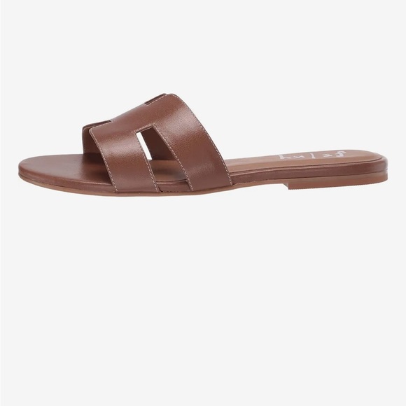 NWT French Sole Alibi Cognac Brown Leather with White Stitching Slide Sandals - Picture 4 of 12